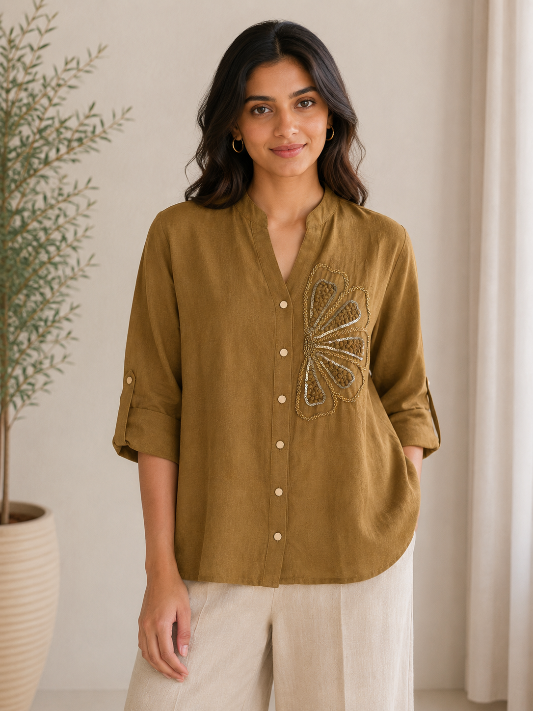 Green Pearl Work Embroidery Shirt