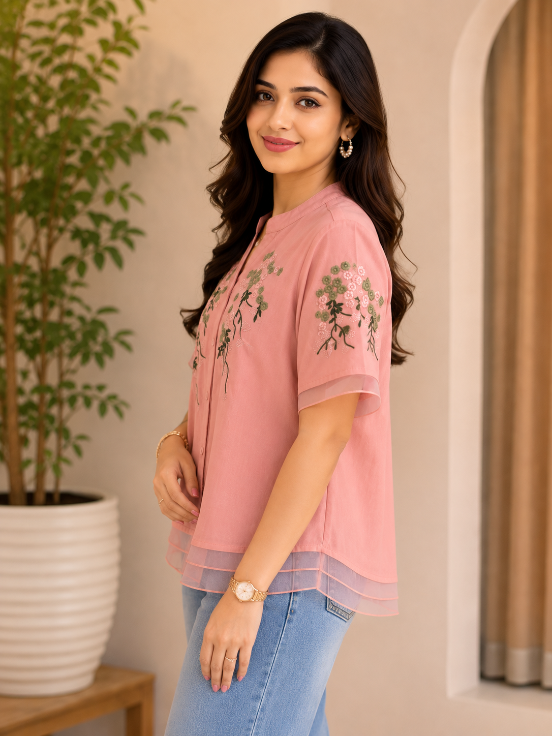 Dusty Pink Green Flower Embroidery Shirt