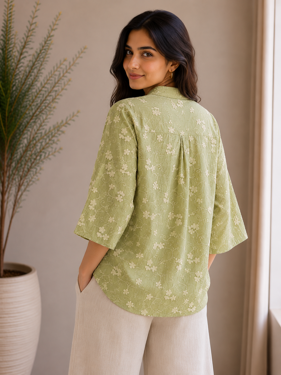 Pista Green Allover Embroidery Shirt