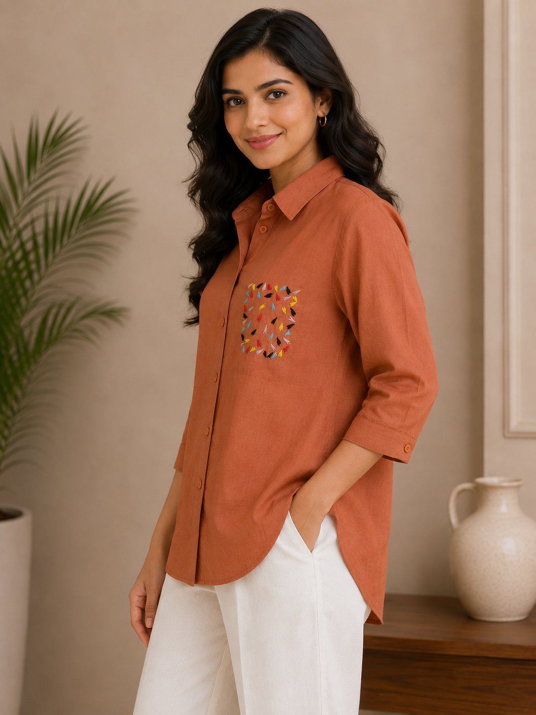 Rust Orange Heart Embroidery Shirt