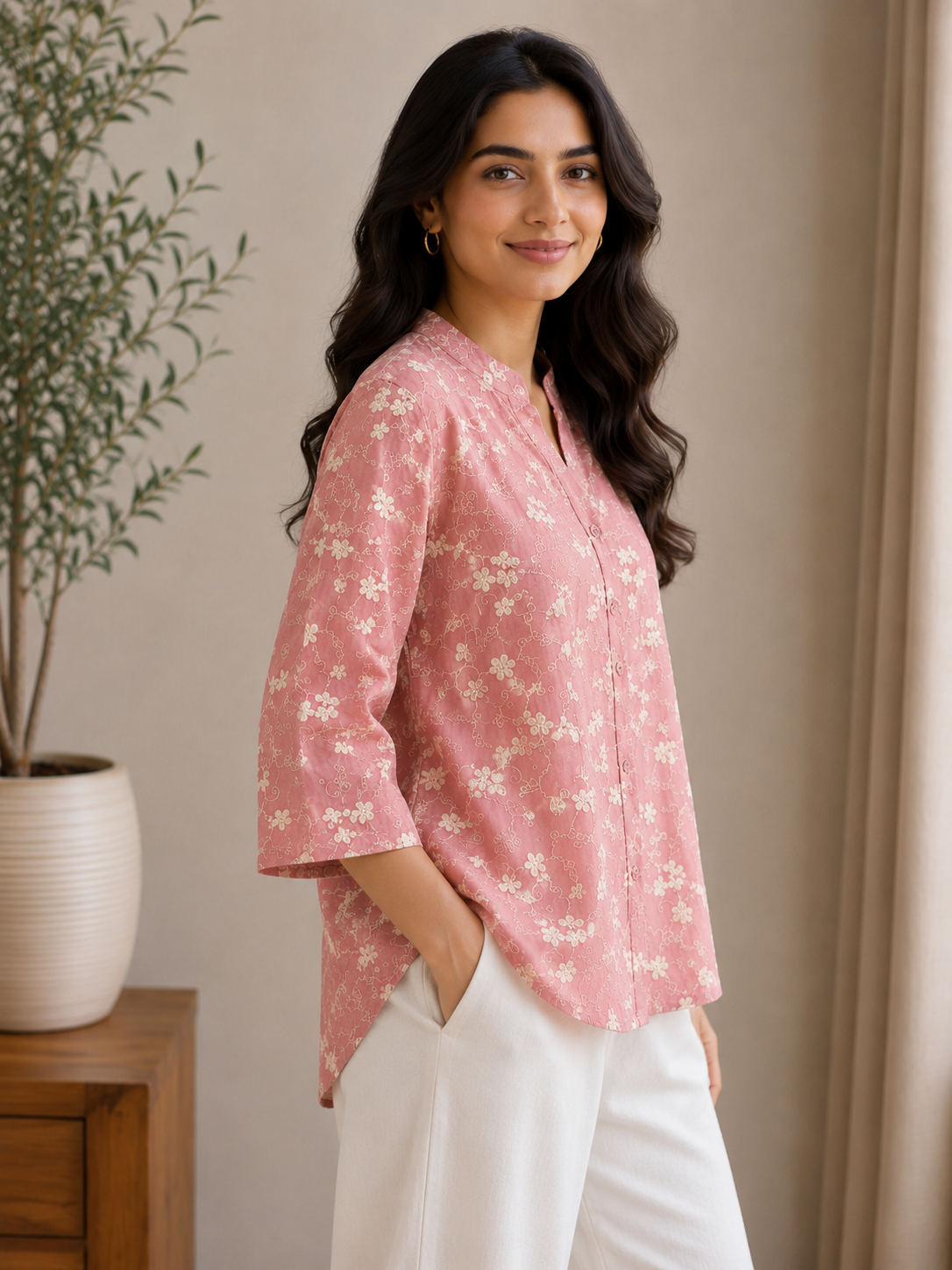 Dusky Rose Allover Embroidery Shirt