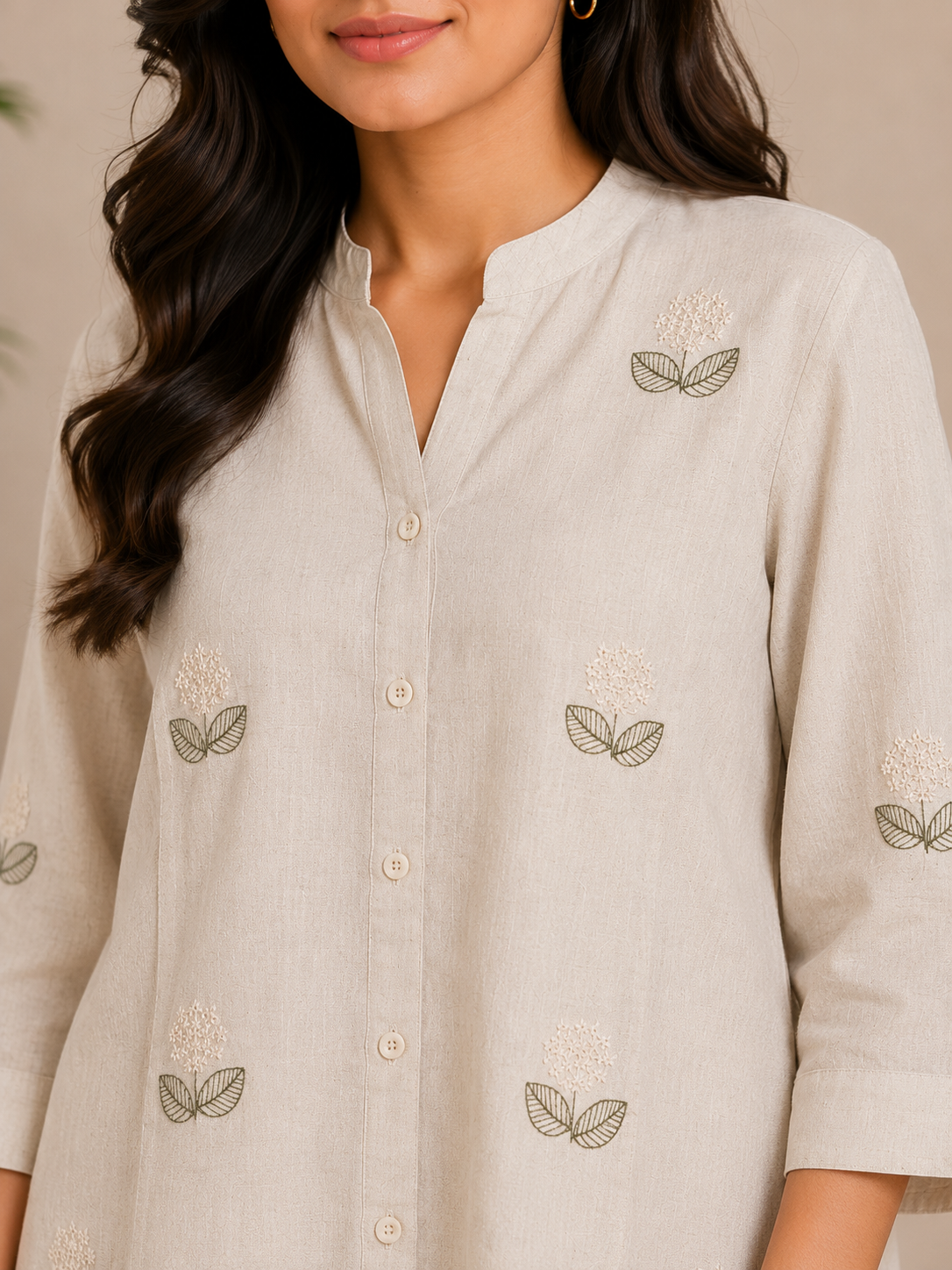 Beige Leaf Embroidery Shirt