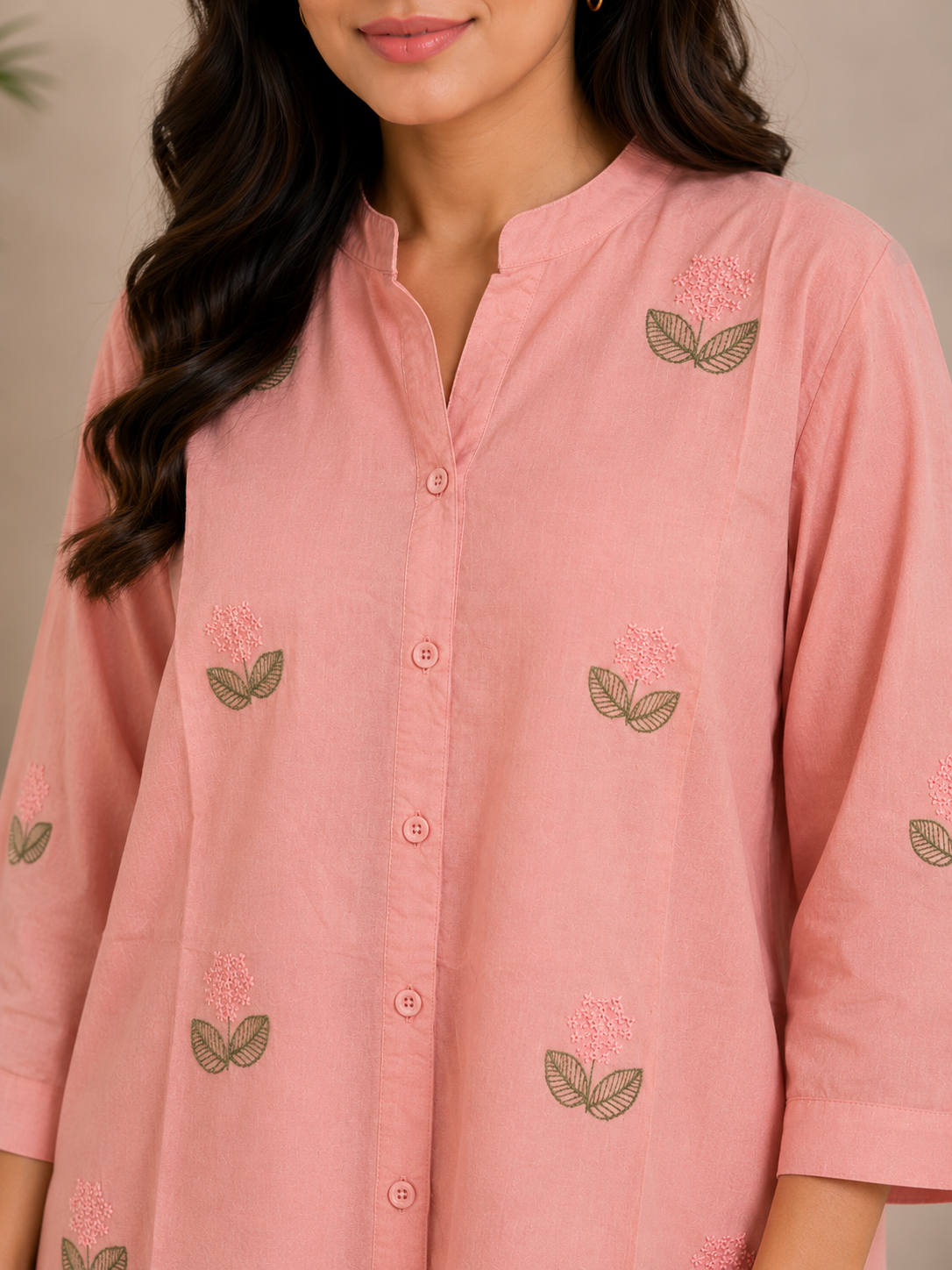 Dusty Peach Leaf Embroidery Shirt