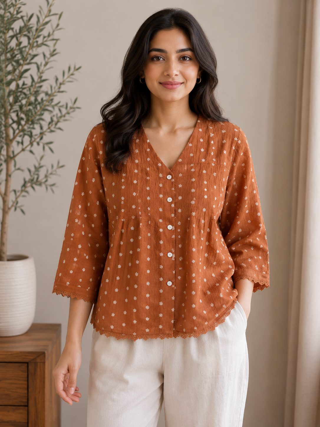 Brick Brown V Neck Shirt
