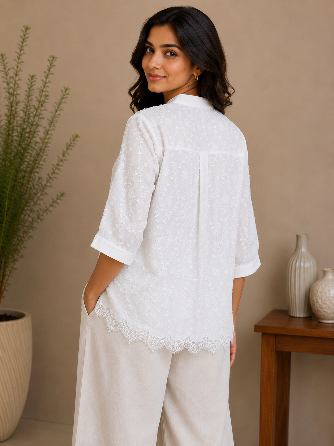 White Allover Embroidery Shirt