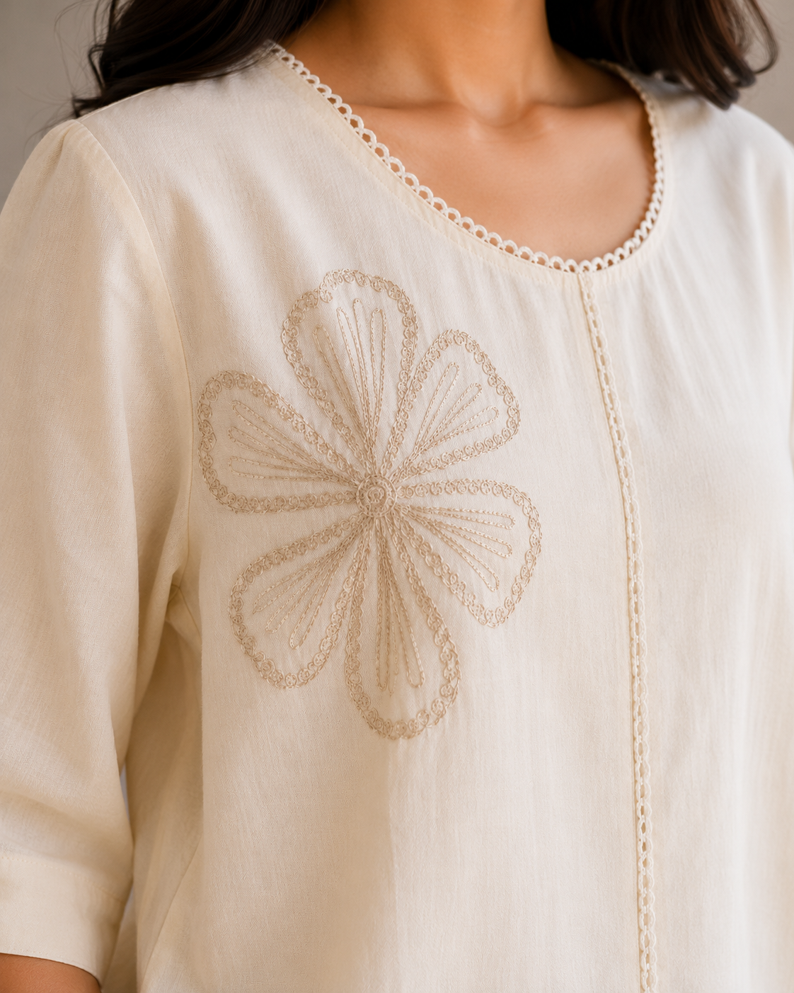 Cream Flower Embroidery Top