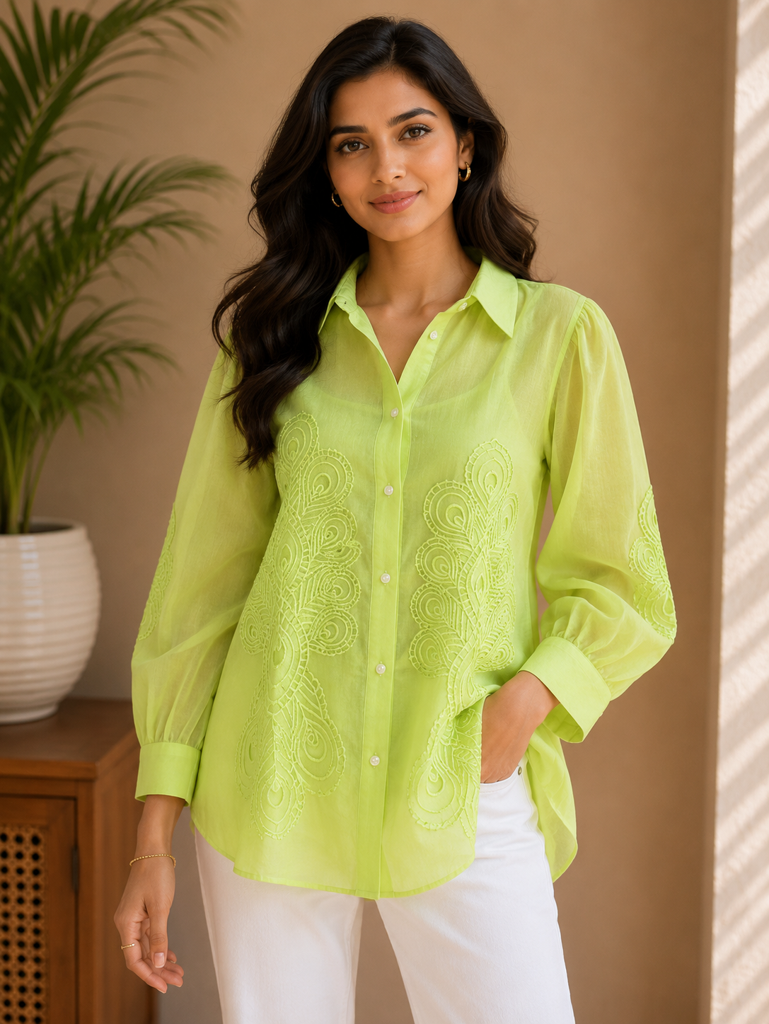 Pista Green Cutwork Organza Shirt