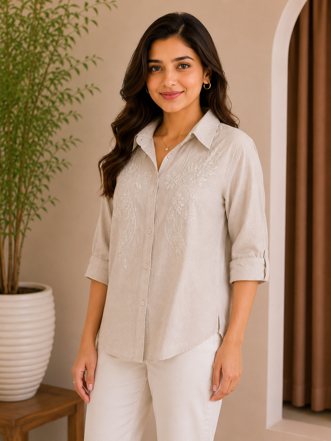 Beige Self Embroidery Shirt
