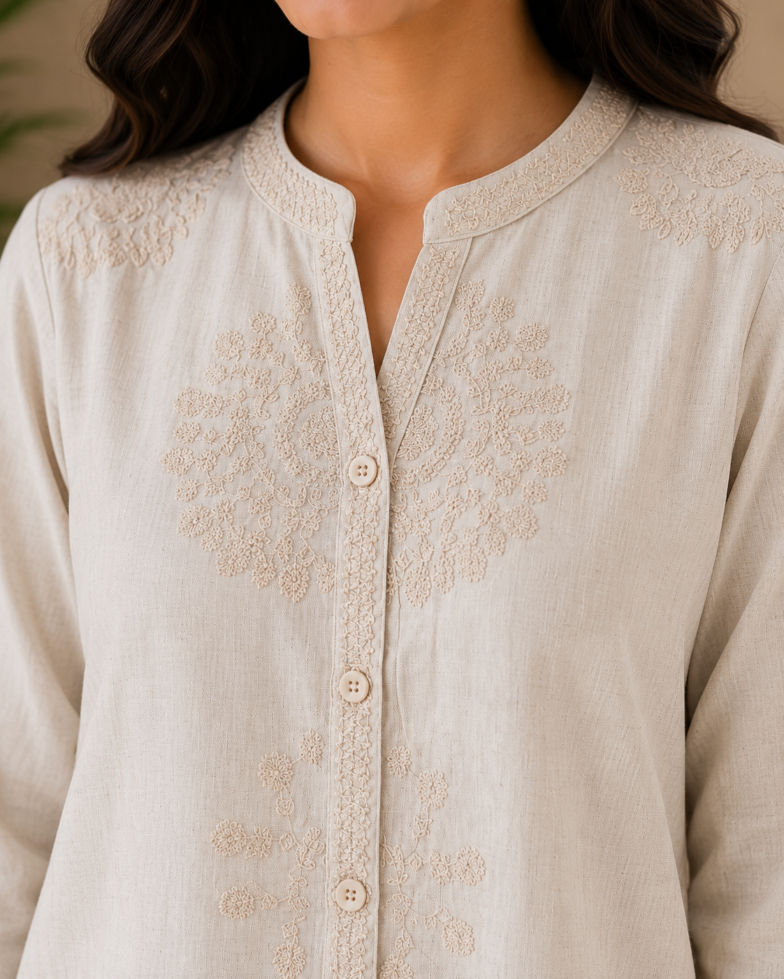 Beige Bloom Embroidery Shirt