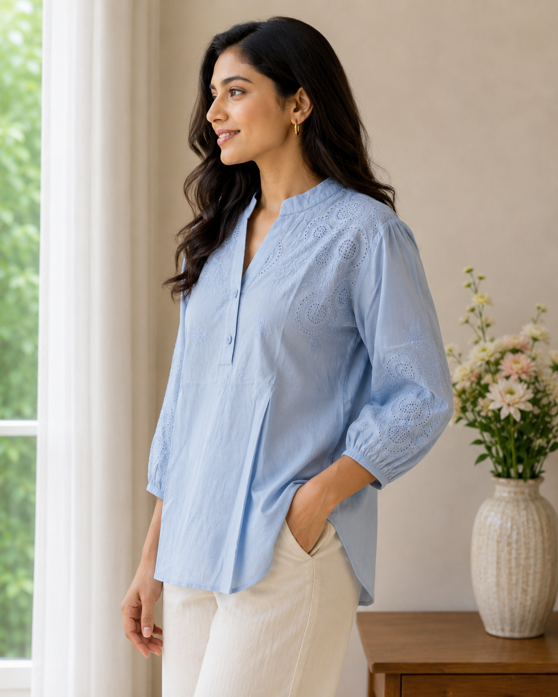 Aqua Blue V Neck Top