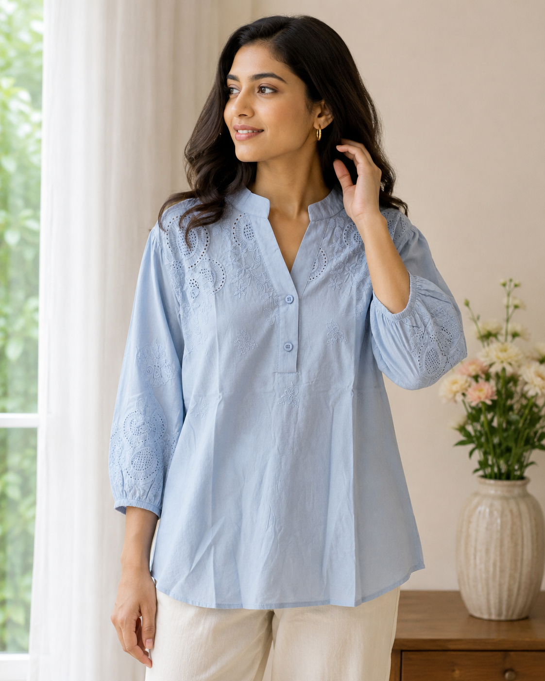Aqua Blue V Neck Top
